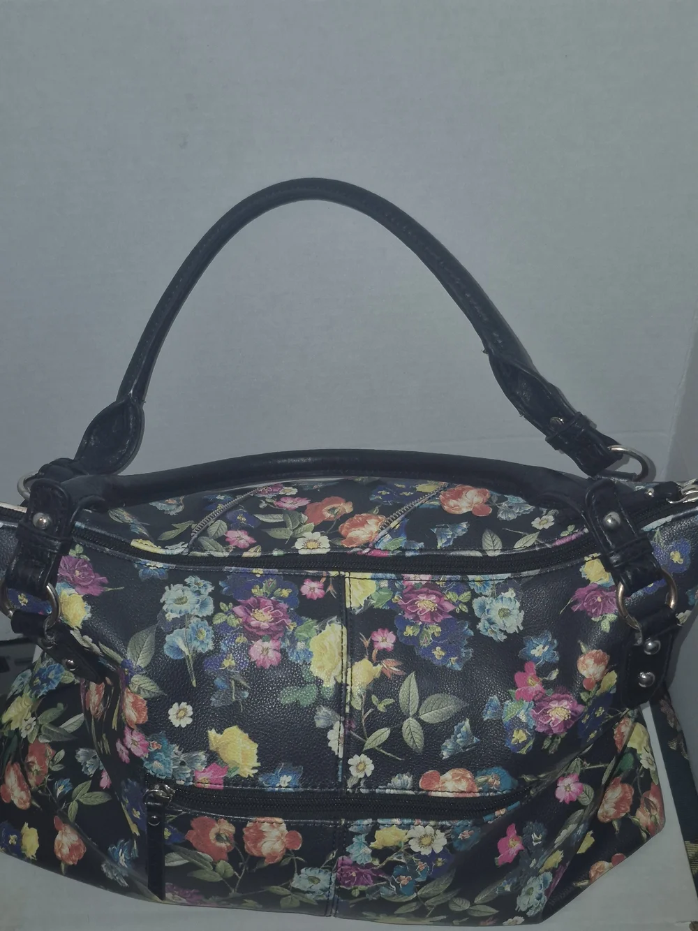 Jessica Simpson Black Floral Satchel with Multicolor Blooms